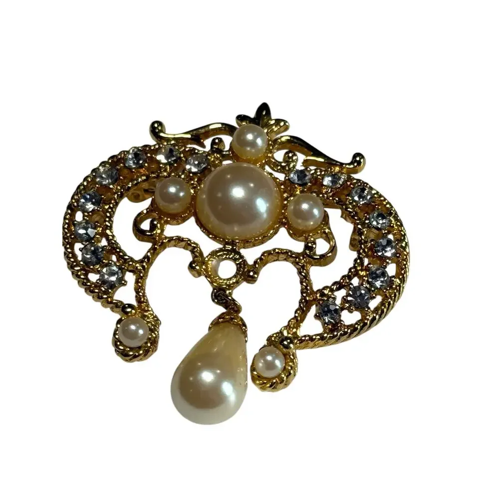 Vintage Gold Tone Faux Pearl Drop Dangle Brooch Filagree Regency Art Deco Pin 2